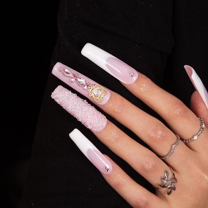 LOVFUL Press on Nails Sweet Elegance| Handmade with Full Covered Crystals| Reusable Fake Nails| Square Mid length 1.7in| H34-M