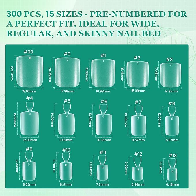 Square Toe Nail Tips - Full Cover for Wide Long Nail Beds, Matte Pre-shaped Fake Toenails Gel Press on Nails Extensions Home DIY Nail Salon, 15Sizes 300PCS