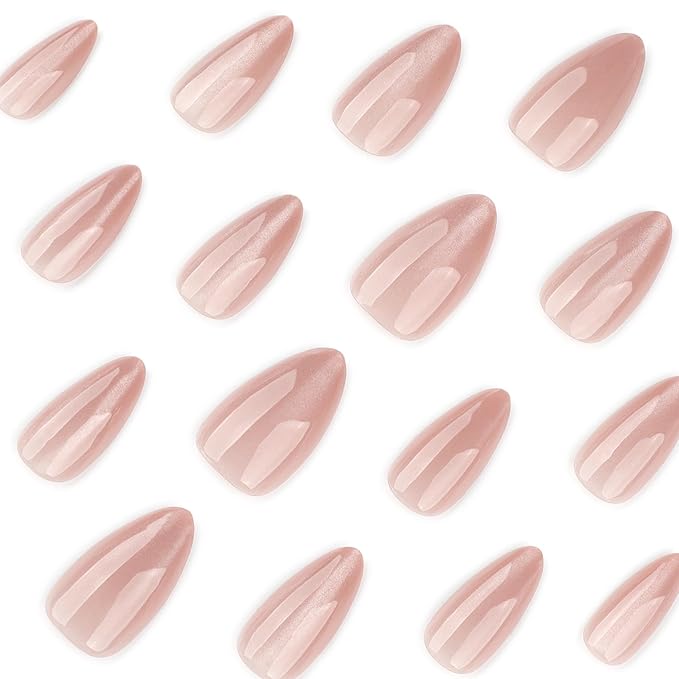 Nude Press on Nails Short Almond Fake Nails Cute Cat Eye False Nails Press ons with Design Chrome for Women Manicure,Glossy Finish | Reusable | Nail Kit with Jelly Adhesive Tabs | 24 Pcs