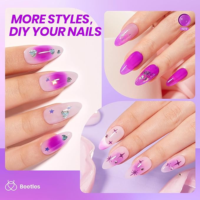 Beetles Purple Gel Nail Polish, 15ML Clear Purple Jelly Gel Polish Sheer Translucent Effect Neutral Nail Polish Soak Off UV Violet Night Dream Series French Nail Art Manicure Salon Gift for Women