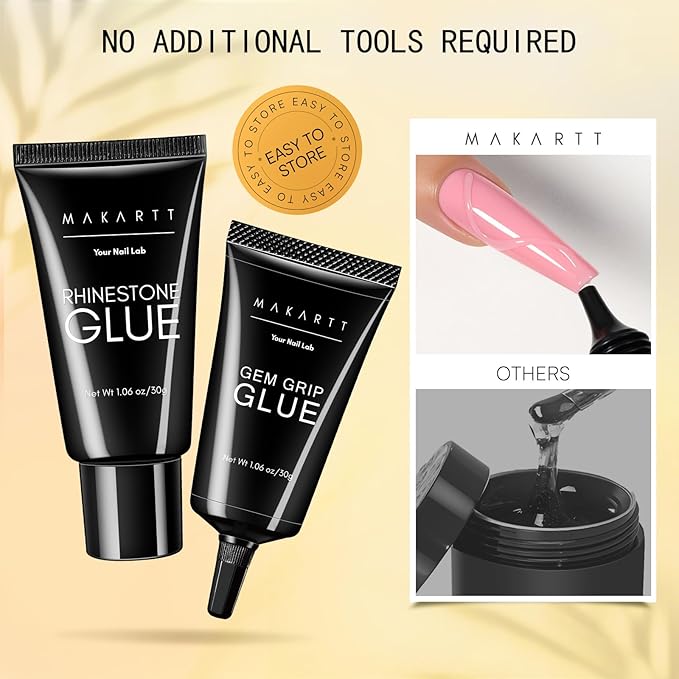 Makartt Nail Rhinestone Glue Gel Set: 60g 3D Super Strong No Wipe Nail Glue for Charms Gems Crystals Beads Decorations Gem Grip Glue DIY Beginners & Salon UV Lamp Needed (2PCS Low & Medium Viscosity)