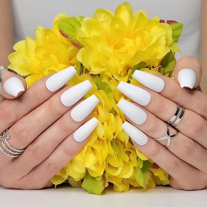 Hypnaughty 24 Pcs Santorini White Matte Luxury Coffin Press on Nails with Glue Medium Long Reusable & Customizable False Nails (Santorini)