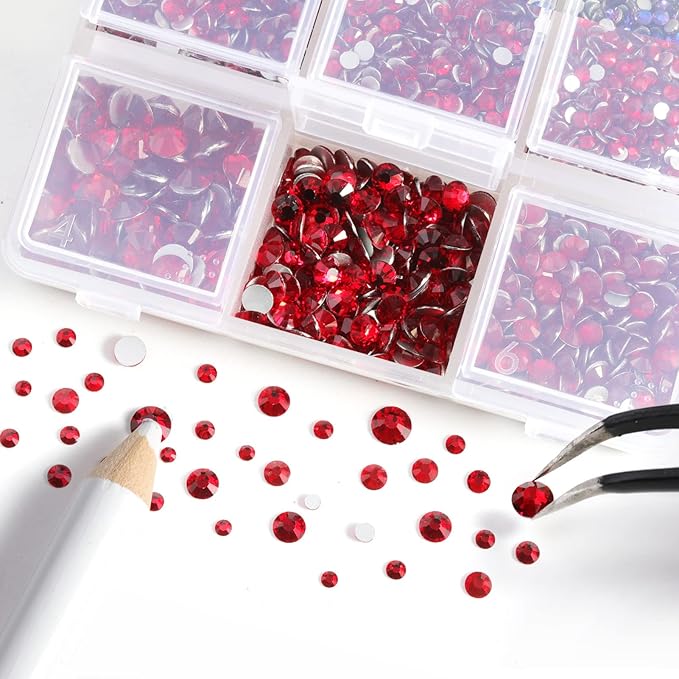 Beadsland 4300pcs Flatback Rhinestones, Red Rhinestone Nail Gems Round Crystal Rhinestones for Crafts,Mixed 6 Sizes with Picking Tweezers and Wax Pencil Kit, SS6-SS20, Siam