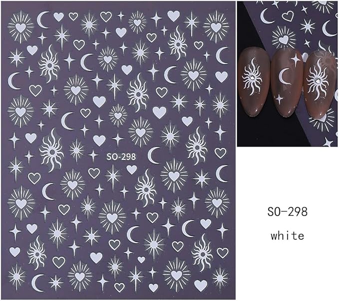 Gold Nail Stickers 5D Embossed Black White Star Nail Decals 3D Self Adhesive Moon Sun Nail Art Stickers Hearts Nails Designs Celestial Nails Supplies for Women DIY Manicure 6 Sheets