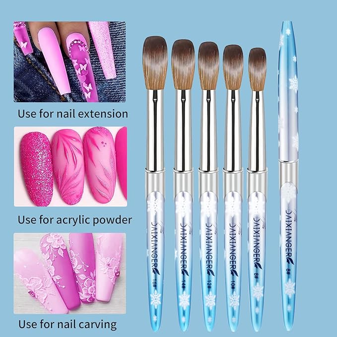 5PCS Snowflake Acrylic Nail Brush Set - Size 8/10/12/14/16 Brushes for Acrylic Powder Application, 3D Carving & Nail Art Extension, Blue Handle Nail Tools for DIY Home Salon Manicure
