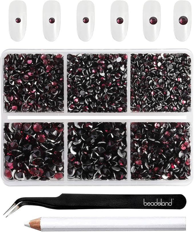 Beadsland 4300pcs Flatback Rhinestones,Burgundy Rhinestone Nail Gems Round Crystal Rhinestones for Crafts,Mixed 6 Sizes with Picking Tweezers and Wax Pencil Kit, SS6-SS20,Amethyst