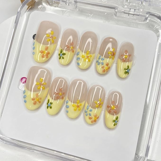 Handmade Press on Nails French Press on Nails Medium Almond Fake Nails Pink False Nails Full Cover Design Colorful Flower False Nails Reusable Acrylic Nails for Women Art Manicure (Size S)