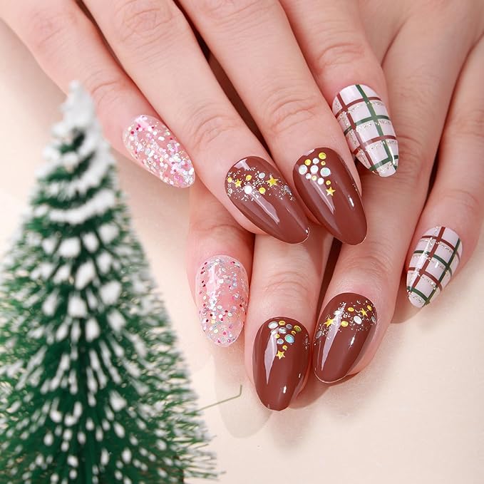 6 Sheets Christmas Nail Wraps Full Stickers Nail Polish Strips, Cute Grid DIY Self-Adhesive Glitter Nail Art Decals Snowflake Xmas Tree Red Green Party Decor with 1 Pcs Nail Files (128 Pieces)