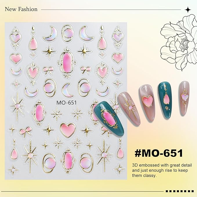 3 Sheets Valentines Nail Stickers for Nail Art Gold Baroque Jewel Red Blue Pink Heart Love Moon Bow Designs 5D Embossed Self Adhesive Nail Decals for Women DIY Manicure Decoration YX1237