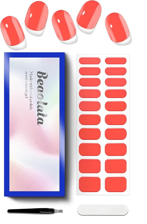 Semi Cured Gel Nail Strips - UV Light Gel Nail Stickers - 20 Long Lasting Salon Quality Wraps (Strawberry Frosting Red)
