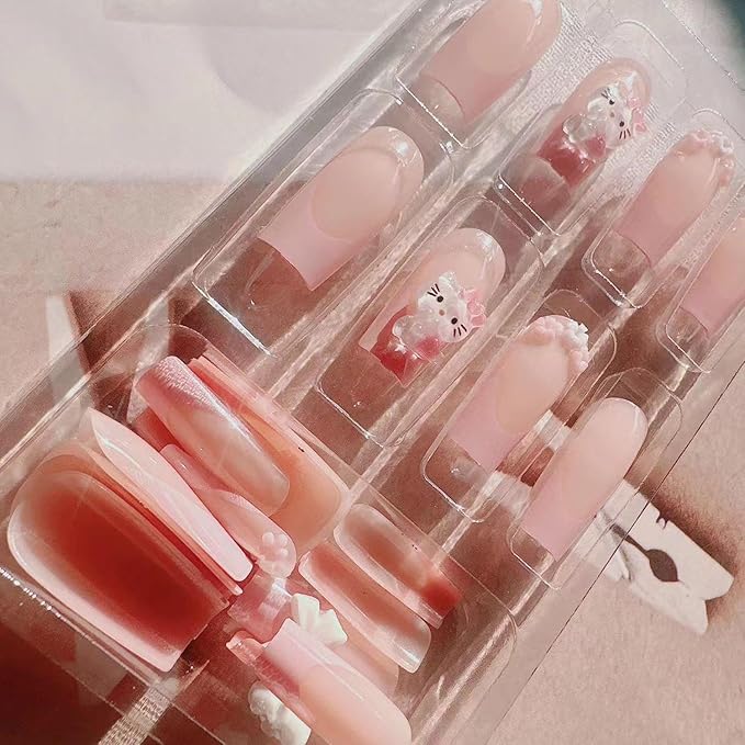 24Pcs French Tip Press on Nails Medium Pink False Nails with Bow Design,Cartoon Cute Nails Press ons Pink Stick on Nail Acrylic Nails Square False Nail for Women