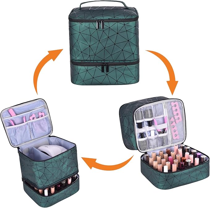 Nail Polish Organizer Holds 30 Bottles (15ml) and 1 Nail Light Nail Polish Carrying Case with Storage Pockets for Manicure Tools Double Layer Nail Storage Travel Bag with Handle (A-Green)