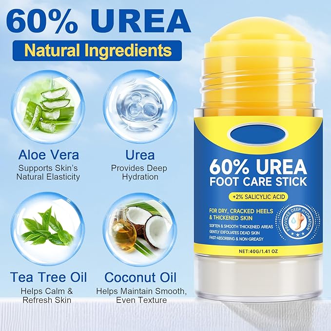 2 Pcs 60% Urea with 2% Salicylic Acid Foot Care Stick, Urea Foot Cream for Cracked Feet, Repairs Dry Rough Heels Fast, Foot Lotion Moisturizer for Dead Skin, Hydrating Heel Balm