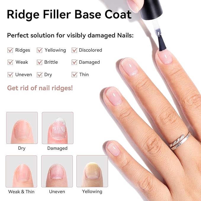 Ridge Filler Base Coat 3-in-1 Nail Strengthener Growth, Milky Fortifying Ridge Filler for Damaged Uneven Nails, VE Protein Formula Flawless Base, Vegan, Salon-Quality Nail Art at Home