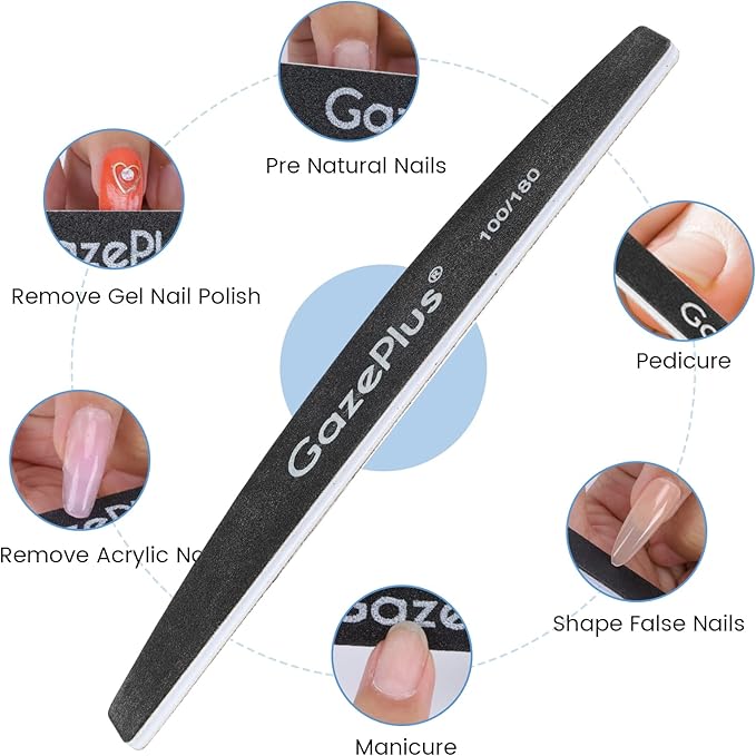 Nail Files, 24 PCS Fingernail Files 7" Long 100/180 Grit Emery Boards for Nails Professional Double Sided Nail File Bulk Washable Suitable for Both Acrylic and Natural Nails Black Half Moon