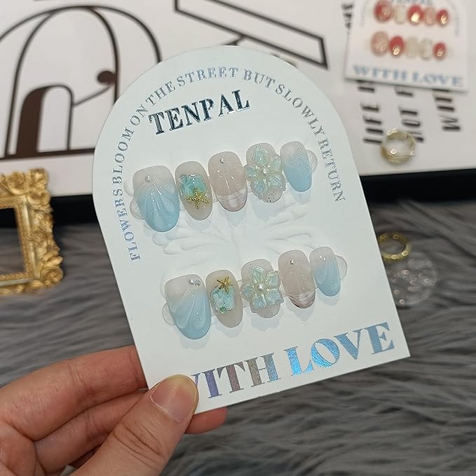 Blue French Tips Press on Nails Short Oval,Isle Blue Gradient & Hand-Sculpted Conch Relief False Nails,Ocean Whisper Fake Nails Kit,Glossy Cute Artisan Coastal Zen Nail Art with Tools 10pcs(M)