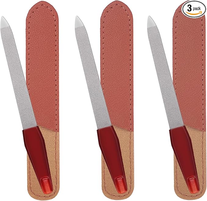 3 Pack Metal Nail File with Sharp Pointed Tip and Leather Sheath Case for Natural Nails, 5 Inches Fingernail Files Stainless Steel Manicure Double Sided Sapphire Grit Nail Filer Silver Brown