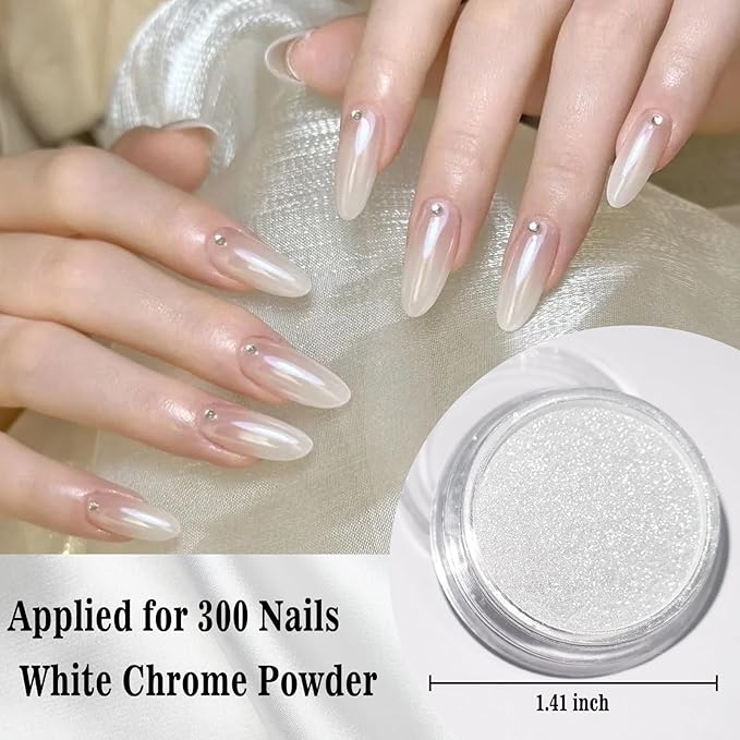 Allstarry Pearl Chrome Nail Powder, Iridescent Aurora White Chrome Nail Powder Metallic Mirror Effect White Glitter Clear Nail Chrome Powder for Nails Pearls Nail Accessories for Nail Art Salon DIY