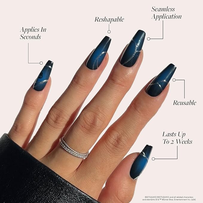 Beetlejuice Beetlejuice™ x Glamnetic Press On Nails - Ghost House™ | Long Coffin Black & Navy Ombre Graphic Nails with Back Design in a Glossy Finish | 15 Sizes - 30 Nail Kit with Glue