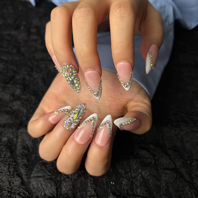 AKA Unicron French Tip Press On Nails Short Almond Handmade Acrylic Fake Nails Press Ons with Shining Rhinestones Charm Design,Nail Charm Nature Lasting Stick On Woman Fingernails
