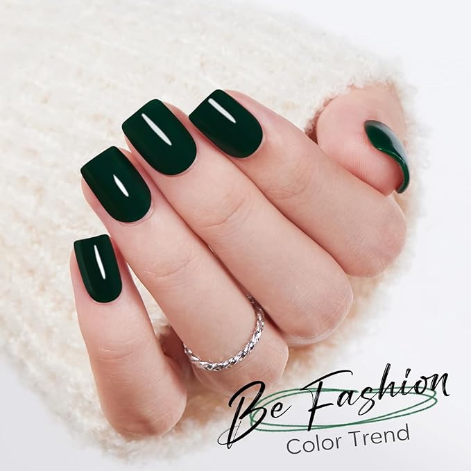 Modelones Extra Short Press on Nails, Dark Green Squoval Fake Nails, Reusable Nail Kit with Nail Glue Adhesive Tabs Mini Nail File, Nails Press Ons 32Pcs 16 Sizes, Women Girl Gift