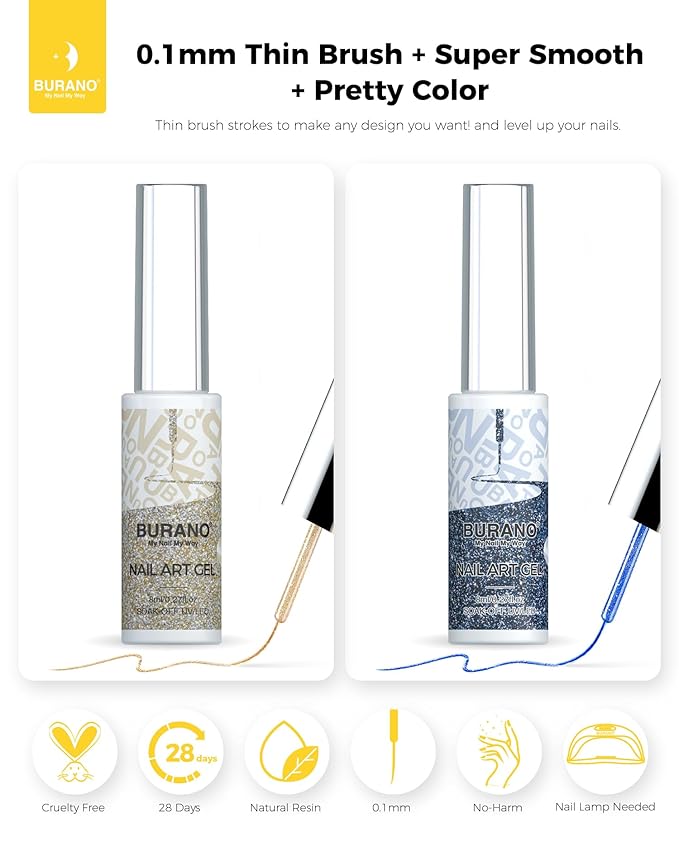 BURANO Gel Nail Polish Liner Nail Art Polish, Silver Gold Painted Gel Nail Design Polish 2 Bottle 8ml, Build in Thin Nail Brush Curing Required LX17 LX22