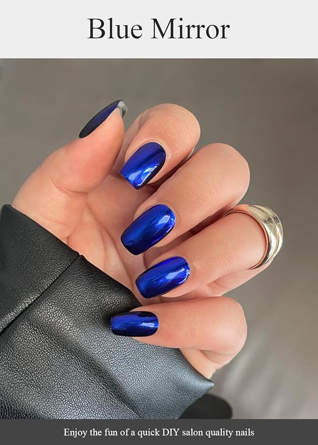 Semi Cured Gel Nail Strips (Blue Mirror), Chrome, 20 Pcs Gel Nail Wraps, Stickers, Salon Quality, Long Lasting, Works with Any UV Lamps