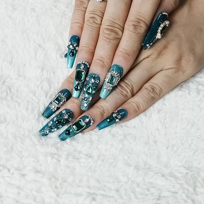 Emerald Luxury Green Press on Nails Long Coffin - Handmade 3D Design with Multi-shape Rhinestones & Crystal Gems Sparkling Elegant False Nails for Women Daily Wear(Emerald Green Sparkle,M)