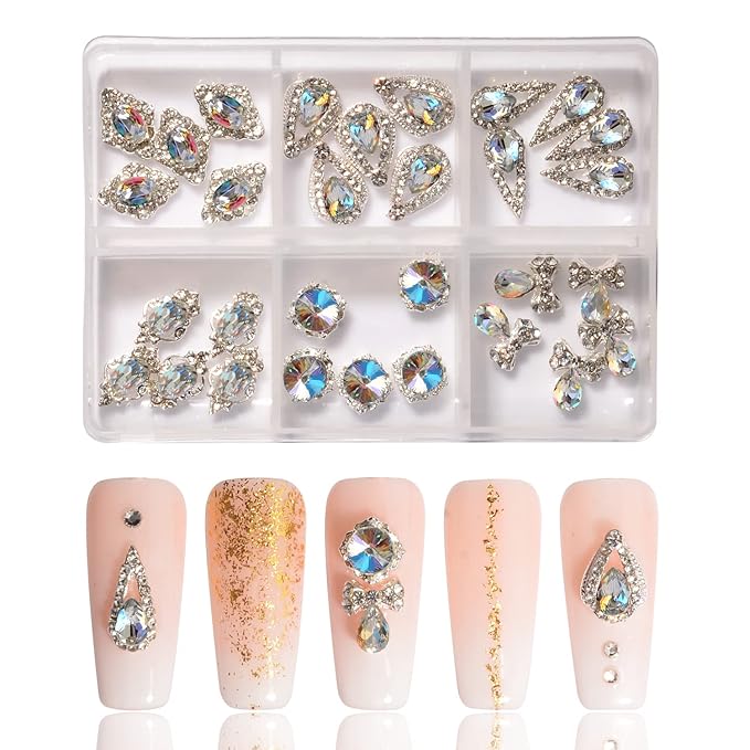 30Pcs Nail Crystal AB Rhinestones 3D Nail Charms Rhinestones Glass Metal Gems Jewels Nail Diamonds Nail Charms for Girl Women DIY Nail Art Craft Decoration