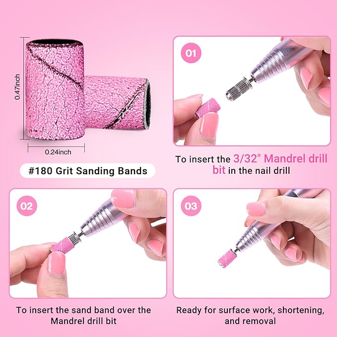 MelodySusie 100 Pcs Nail Drill Bits Sanding Bands for Nail Drill 180 Fine Grit Nail File Sanding Bands for Acrylic Nails Gel Manicures and Pedicure,Light Pink
