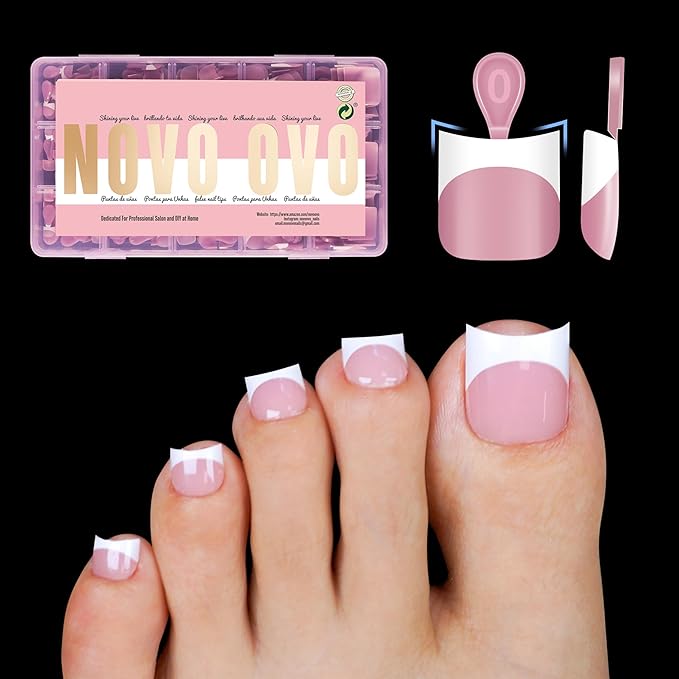 NOVO OVO Halloween Short Toe Nail Tips White French Tip with Moon Curve, BERRY PINK Thick Sharp Square Toenail Extension, Soft Gel False Nail Kit, Need Glue Builder Gel Top Coat x15 Sizes 240 pcs