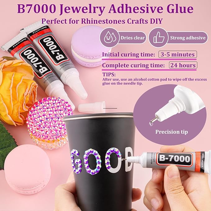 Resin Jelly Rhinestones for Crafting with B7000 Jewelry Glue, 1 Box Dark Purple AB Flatback Crystal with 3Pcs 10ml Glue, Bedazzling Non Hotfix Gems for DIY Tumblers Clothing Shoes Manicure