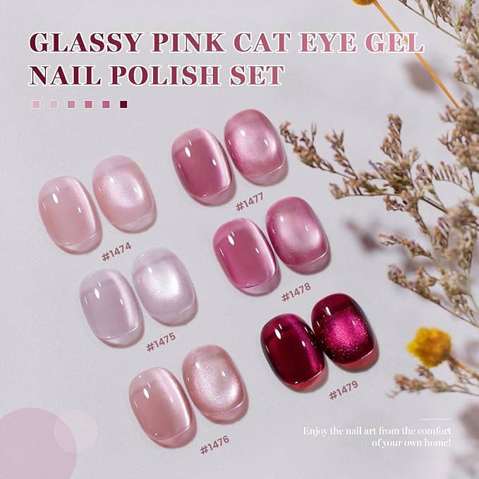 RARJSM Jelly Glassy Pink Cat Eye Gel Nail Polish Set 6Pcs Sparkle Ceramics Diamond Shimmer Nude Pink Colors Velvet Smoothie Cateye Gel Polish with Magnetic Stick Curing Require Home Salon Manicure