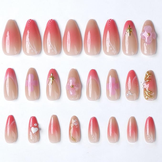 Press on Nails Medium Almond Fake Nails 3D Flowers Artificial Nail French Pink Stick on Nail for Women 30pcs