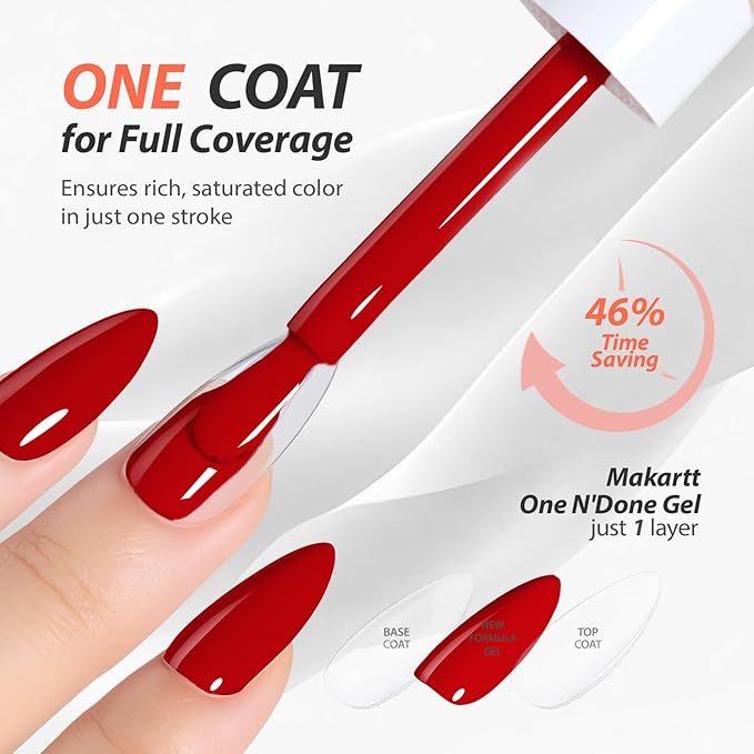 Makartt Ultra Pigmented One-Coat Red Gel Nail Polish 15ml One N'Done Gel Polish Soak Off High-Gloss Ceramic Shine, Salon-Grade UV Nail Art Manicure DIY Salon Home