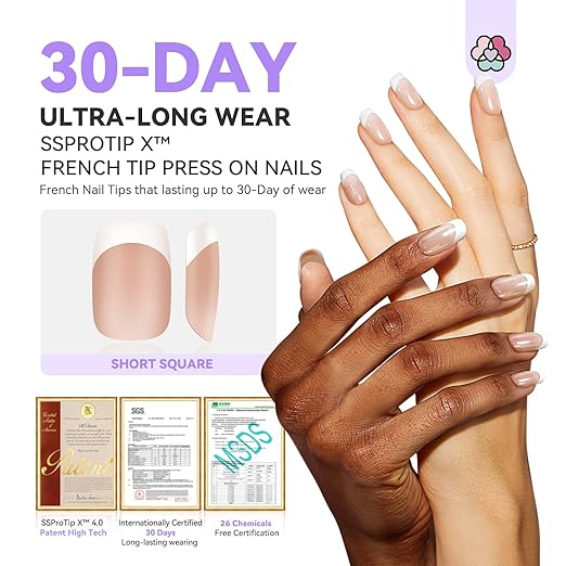SAVILAND French Press on Nails: Strong-fit Short Suqare Handmade French Tip Nails Nude Long-Wear 150 PCS Nail Tips Natural & Thick Soft Gel Fake Nails DIY Nails Art Home SSProTip X