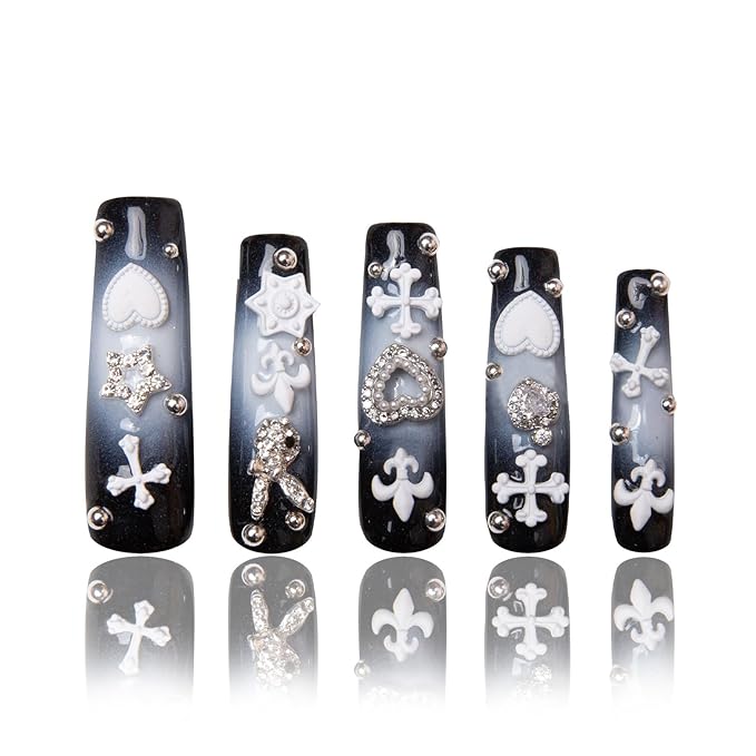 LOVFUL Press on Nails Grey Atomic | Handmade with Full Covered Crystals | Reusable Full Cover Nails | Square Mid length 1.7 in | H297-L