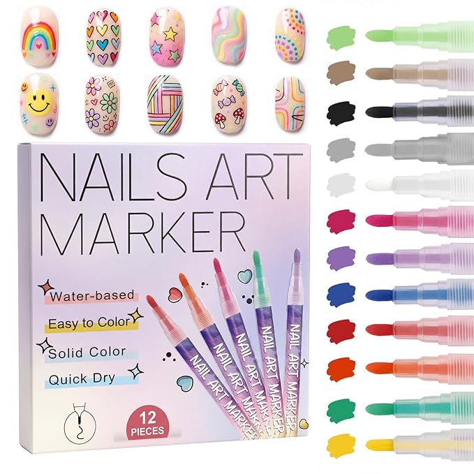 12 Colors Nail Art Pens Set, 0.7mm 3D Nail Polish Pens, Quick Dry, Long Lasting & Waterproof Acrylic Nail Art Markers, Home & Salon Nail DIY, Parties Events, Gift for Valentine’s Day