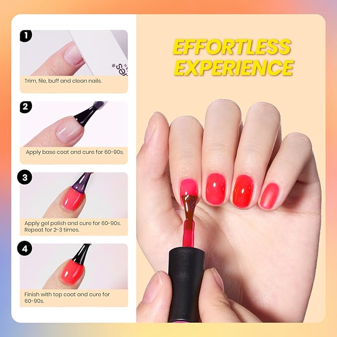 Beetles Jelly Gel Nail Polish Set - 6 Colors Neon Gel Polish Kit Sheer Hot Pink Red Orange Purple Blue Yellow Translucent Effect Soak Off UV French Nail Art Manicure Gift for Women