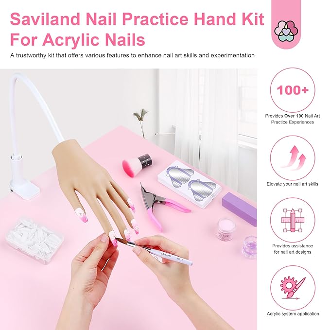 Saviland Silicone Practice Hand for Acrylic Nails, Upgraded Flexible Moveable Fake Hands with No Breaking or Falling, Manicure Training Hand Nail Kit with 100PCS Nails Tips Home Salon Holiday Gift