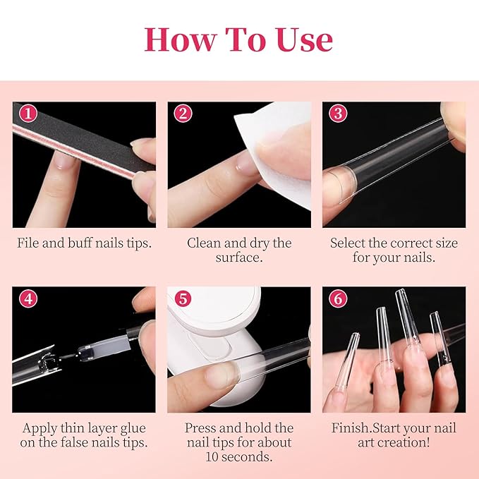 3XL NO C Curve Coffin Nail Tips for Acrylic Nails Professional, 504PCS Clear Extra Long Tapered Square Nail Tip, 12 Sizes Straight Press On Gel Nail Tips for Nail Salons Home DIY