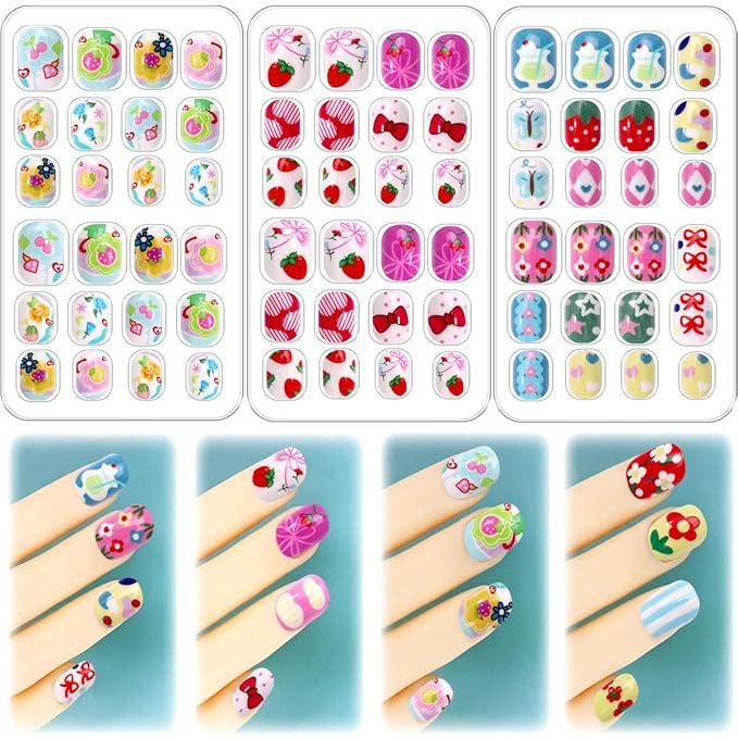 96Pcs 4 Packs Cute Short Press on Nails for Girls 4 Styles 12 Sizes Press on Nails for Kids Press ons with Flower Fruit Food Bow Designs Full Cover Acrylic Nails for Little Girl Gift DIY Manicure