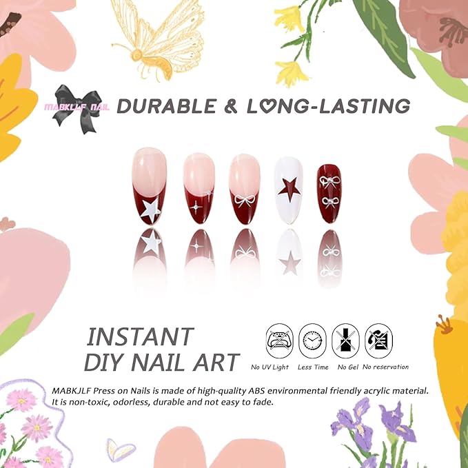 Press On Medium Almond French Tip Fake Nails - Full Cover, Red & White Stars, Bow Designs, Sliver Rhinestones, Glossy Acrylic Artificial Nails for Women & Girls