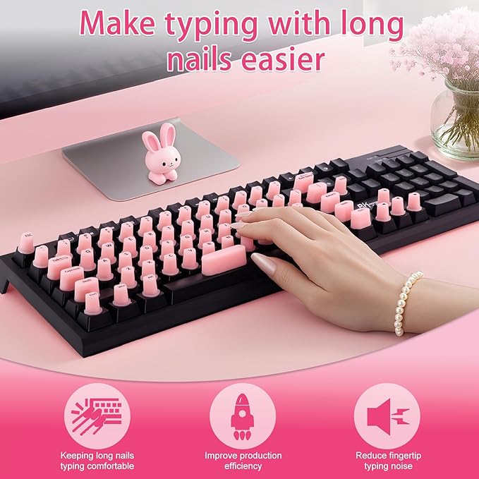 70 Pcs RaisedTip Keyboard Stickers for Long Nails with Letters: Adhesive Typing Bubbles for Women,Office & Gaming Girls Accessories Gift (Pink, 70)