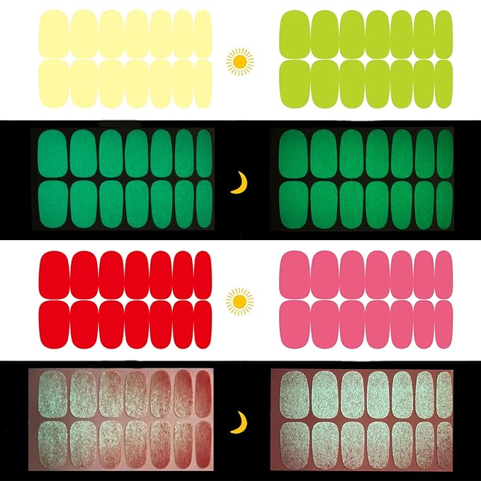 JERCLITY 12 Sheets Glow in The Dark Full Wrap Nail Polish Strips Stickers Luminous Fluorescent Bright Color Nail Decal Strips Self-Adhesive Nail DIY Decoration Kit with Nail File for Women Girls