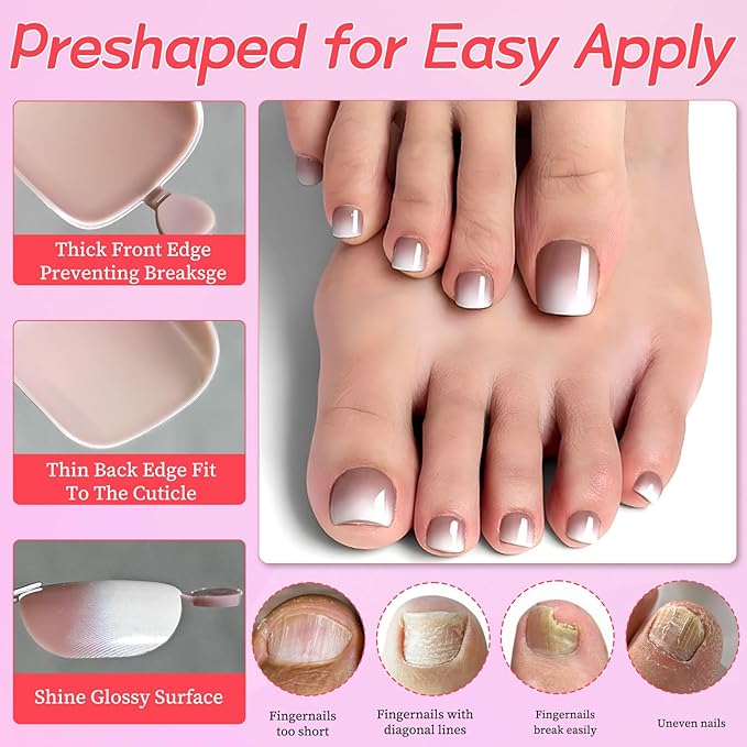 120PC Ombre Press on Toenails for Women Fake Toe nail Press ons Acrylic Toe Press on Nails Set, Ombre Press on Toe Nails Press on Fake Toenails Press ons Acrylic Toe Nail Tips Kit&Glue Tab-J
