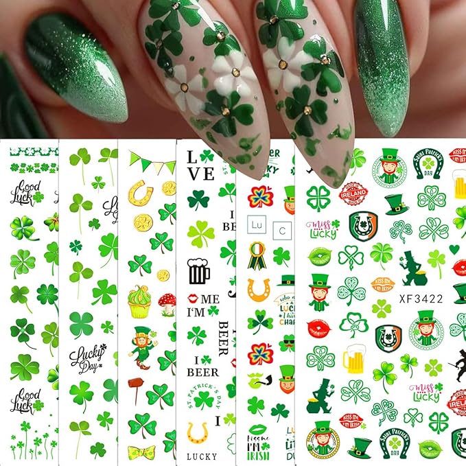 6 Sheets St. Patrick’s Day Nail Stickers 3D Self-Adhesive Green Shamrock Nail Art Stickers Clover Hat Golden Jar Coins Design Lucky Irish Nail Decals Nail Art Supplies for Women Acrylic Manicure
