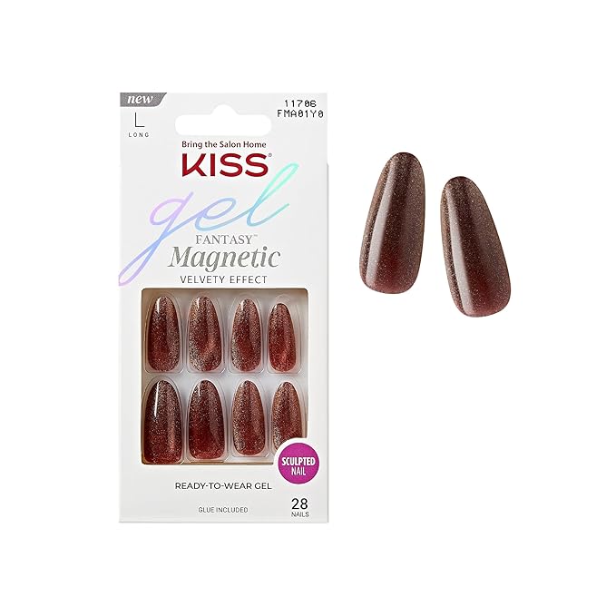 KISS Gel Fantasy 28 Pcs Press On Nails, Long Almond Fake Nails, Brown Magnetic Cat Eye Polish Stick On Extensions, Reusable Velvet Full Cover Kit with Glue, Manicure Stick & File, Wear for 7 Days