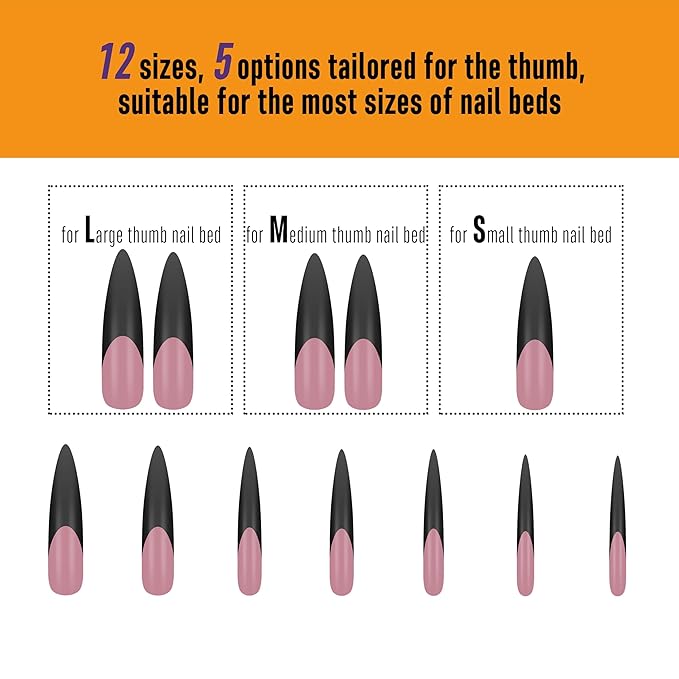 NOVO OVO Halloween Black XXL Curved Stiletto Almond French Tip Nail Tips Press on BERRY PINK, Full Cover Extra Thick Acrylic Hawk Curve Fake Extension Kit, No Nail Glue Included, 12 Sizes 144 pcs