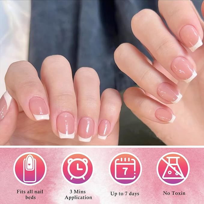 AddFavor French Press on Nails Short Coffin Fake Nails, 120pcs French Tip Press on Nails Short Ballerina Acrylic Gel Glossy Nude Nails Press on Artificial False Nail for Women Girls